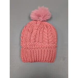 Chunky Knit Beanie Sherpa Lined Pom Cable Knit Fold-Up Cuff Winter Ski Cozy Pink